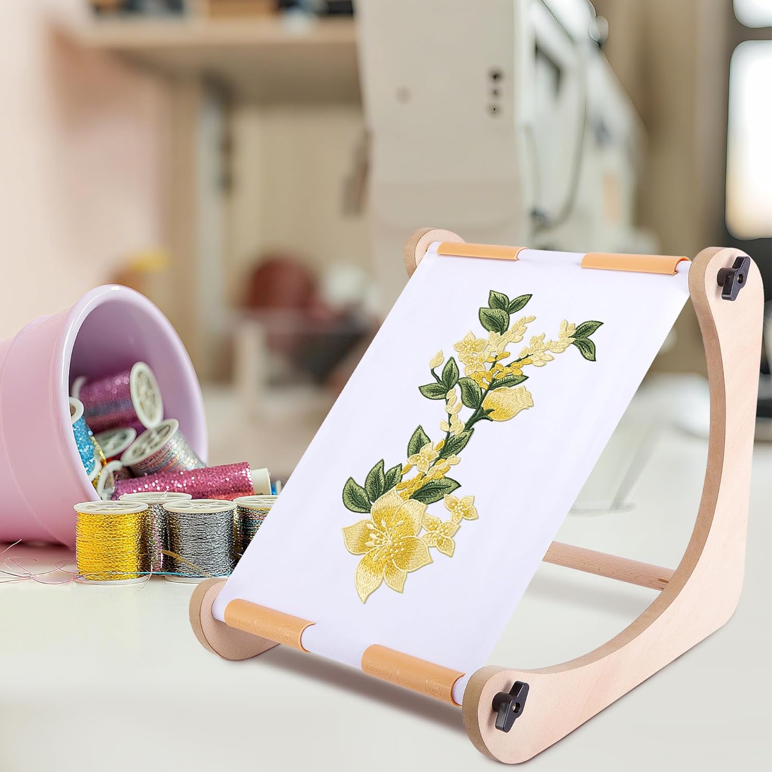 Ebaokuup Adjustable Embroidery Table Stand, Wood Embroidery Hoop Holder, Hands-Free Cross Stitch Scroll Frame Needlepoint Stand for Lap or Table Top Stitching Sewing Supplies Craft Tool