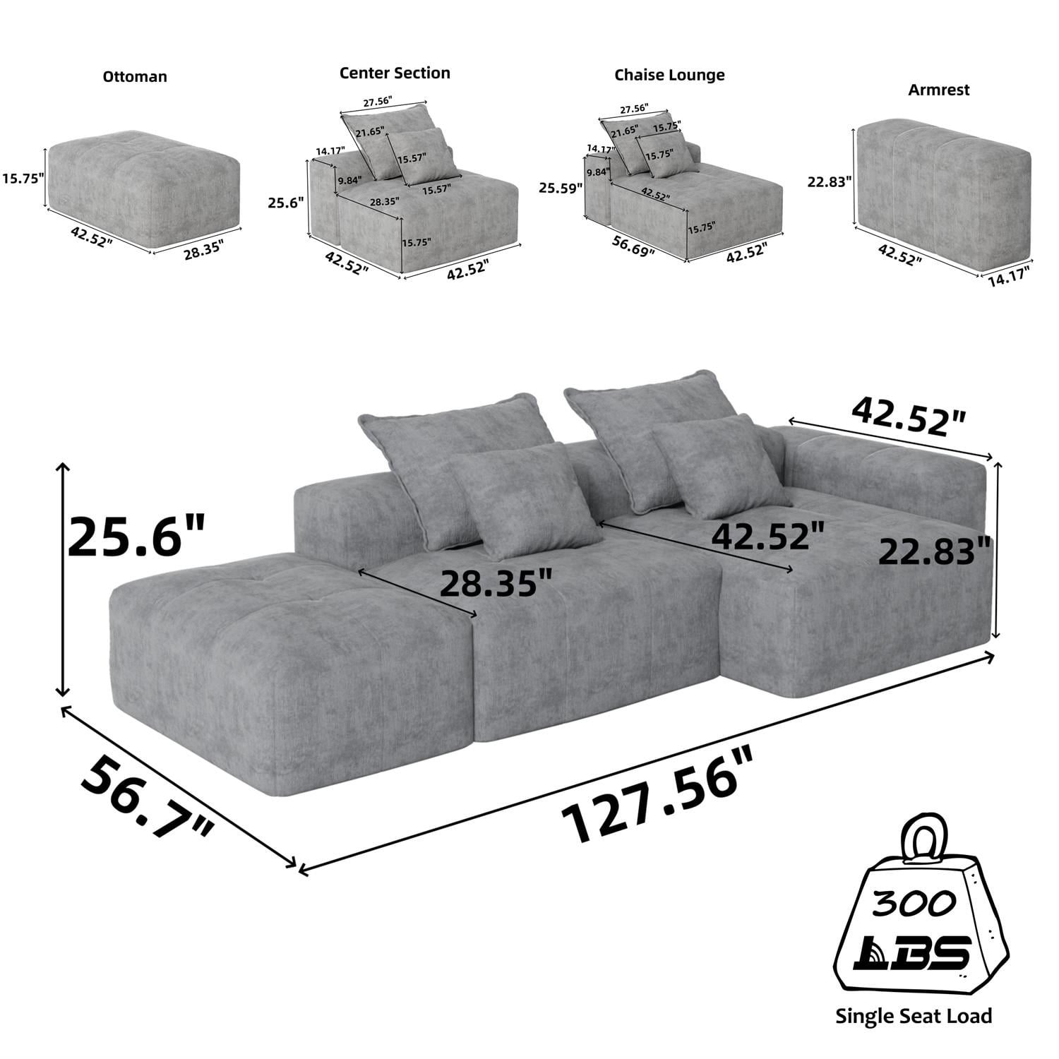 Demi Bonn 127" Modern Oversized Modular Sectional Sofa Set with 4 Pillows, Ottoman, Soft Chenille Fabric DIY Tufted Couch for Living Room, No Assembly Needed, Blue
