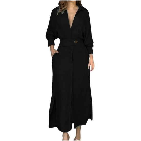 Ashirexll Winter Dress for Women, Long Sleeve Maxi Dress, Womens Fashion Turndown Collar Loose Cotton Linen Long Sleeve High Waist Dress Fall Winter Casual Comfortable