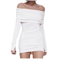 thumbnail image 1 of AherBiu Long Sleeve Dress for Women off Shoulder Basic Layer Black Dress Side Ruffle Slim Mini Dresses, 1 of 6