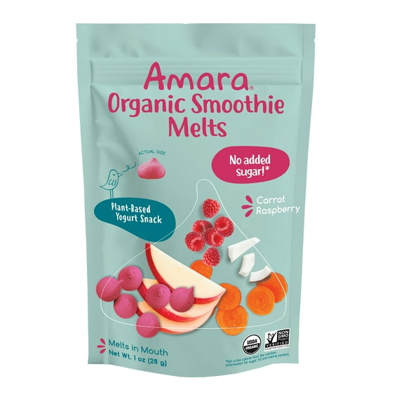 Amara Organic Smoothie Melts, Carrot Raspberry, No Added Sugar, Stage 2, 1 oz Resealable Bag