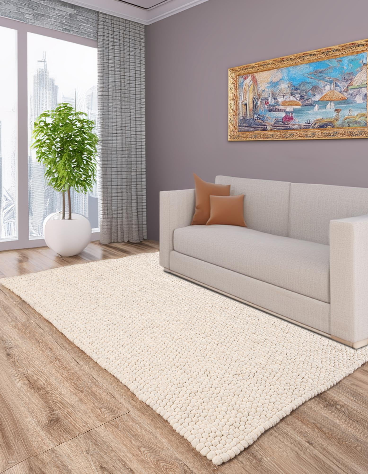 Unique Loom Felt Ball Collection Area Rug - Cloud (5' 1" x 8' Rectangle Ivory)