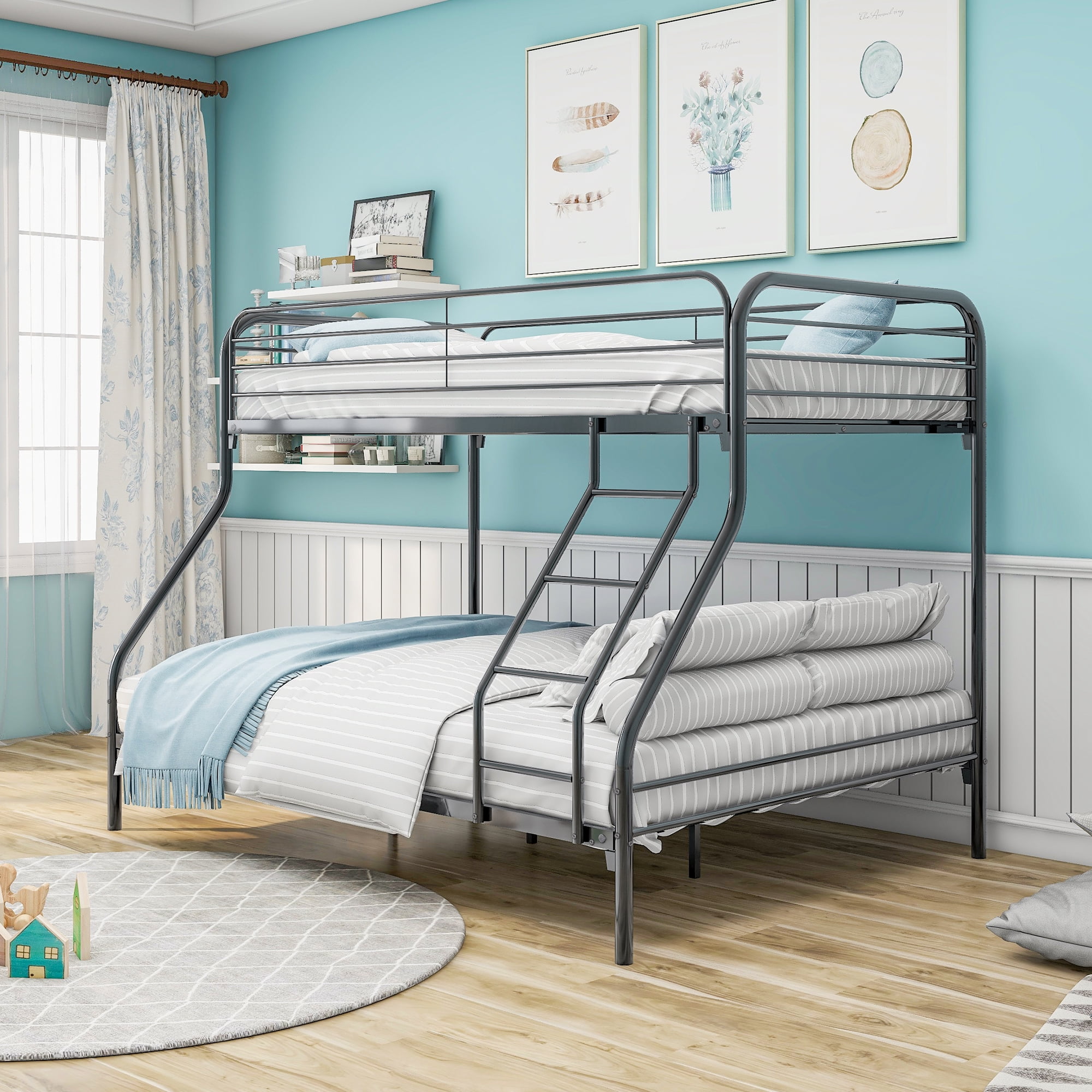 Heavy Duty Twin-Over-Full Metal Bunk Bed, Reinforced Steel Frame with Enhanced Upper-Level Guardrail & Inclined Ladder, Under Bed Storage, Easy Assembly with All Tools, Black