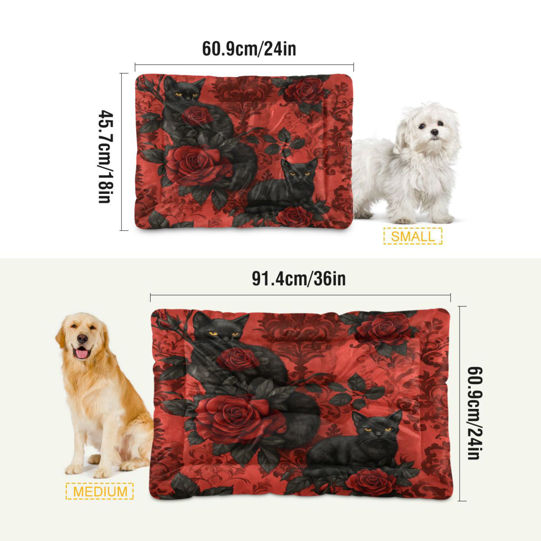 Qxltty Gothic Roses Black Cats Pattern Ped Pad Wear-resistant and Hard to Bite Through Sleeping Pad for Small Medium Large Dogs Winter Pet Bed 36×24in
