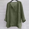 thumbnail image 2 of WTOBBY Women's Cotton Linen V-Neck Long Sleeve Shirt, Solid Color Casual Loose Fit Top, Relaxed Fashion Tee for Breathable Comfort, Unisex Style,Army Green L, 2 of 7