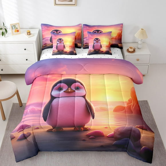 7pcs Cartoon Penguin Twin Comforter Set for Kids Boys Girls Beach Themed Bedding Comforter Sets, Antarctic Animal Bed in a Bag Cute Wildlife Bedding Set, Coastal Sea Ocean Marine Bed Sheets Set
