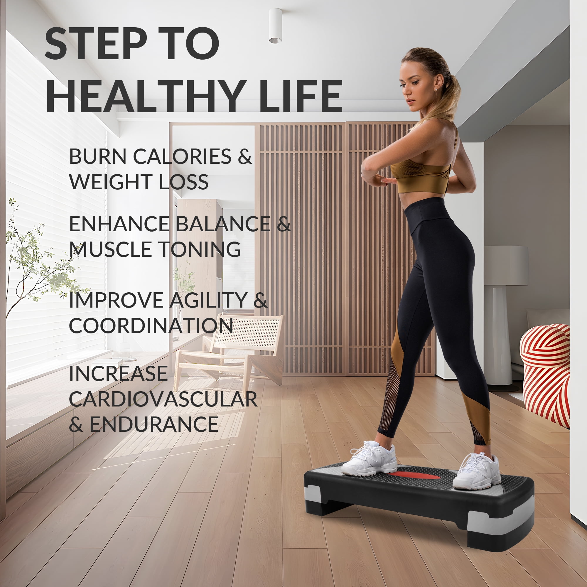 FlexWave 31-inch Aerobic Step Platform, Adjustable Fitness Stepper with 4 Adjustable Step Risers, Aerobics Stepper Workout Stepper for Aerobic Strength and Training in Home Gym，Multicolor