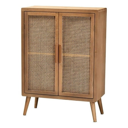Bowery Hill Mid-Century 2-Door Wood/Rattan Storage Cabinet in Oak