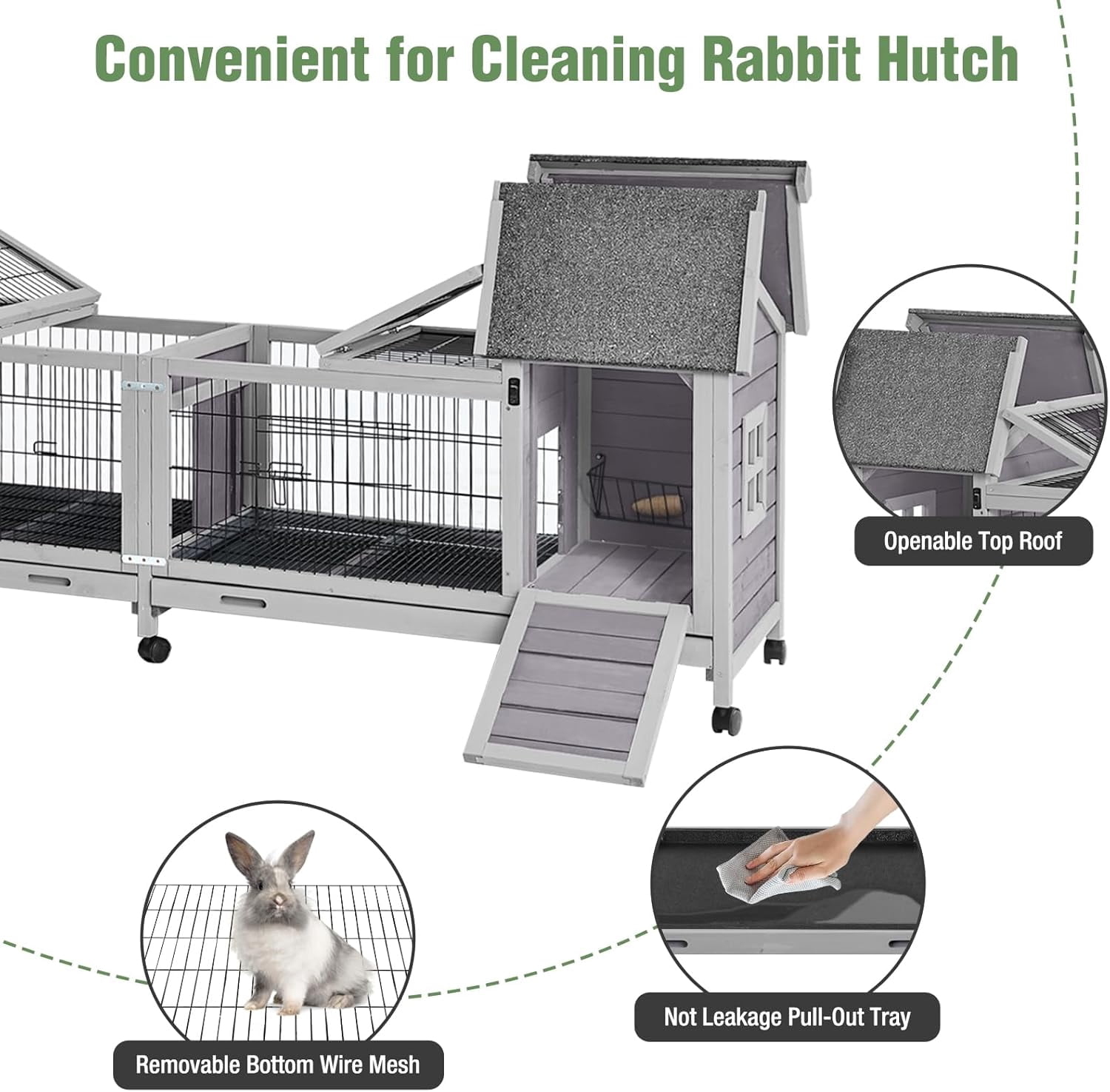 Aivituvin Rabbit Hutch Indoor Outdoor Bunny Cage Upgrade Large Space for Rabbit,Guinea Pig,Bunny and Other Small Animals,On Wheels Move Easily