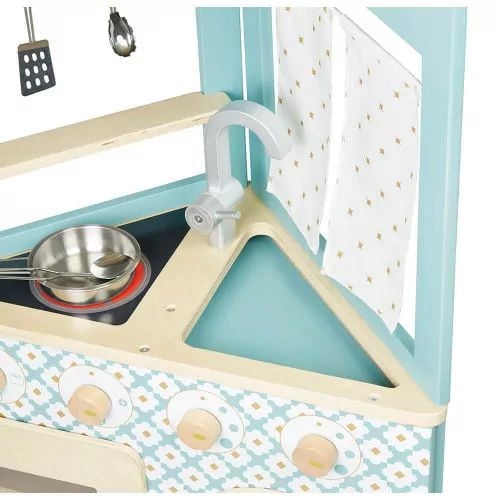 Janod - Trio Wooden Kitchen - Compact 3-Sided Kitchen - Pretend Play Kitchen & Tea Set Toy - Retro Style - 5 Metal Utensils Included - Water-Based Paints - 3 Years +