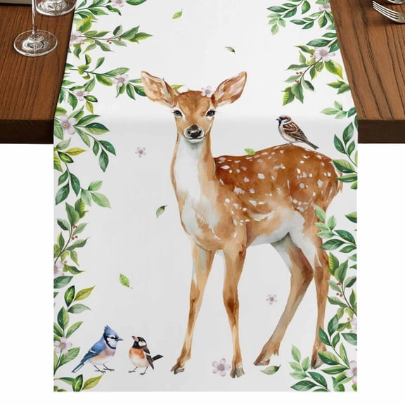 Table Runners 120 Inches Long Dress Scarves, Spring Botanical Farmhouse Coffee/Dining/Kitchen Table Runner for Living Room, Watercolor Leaves Deers Birds Country 13x120 Inch