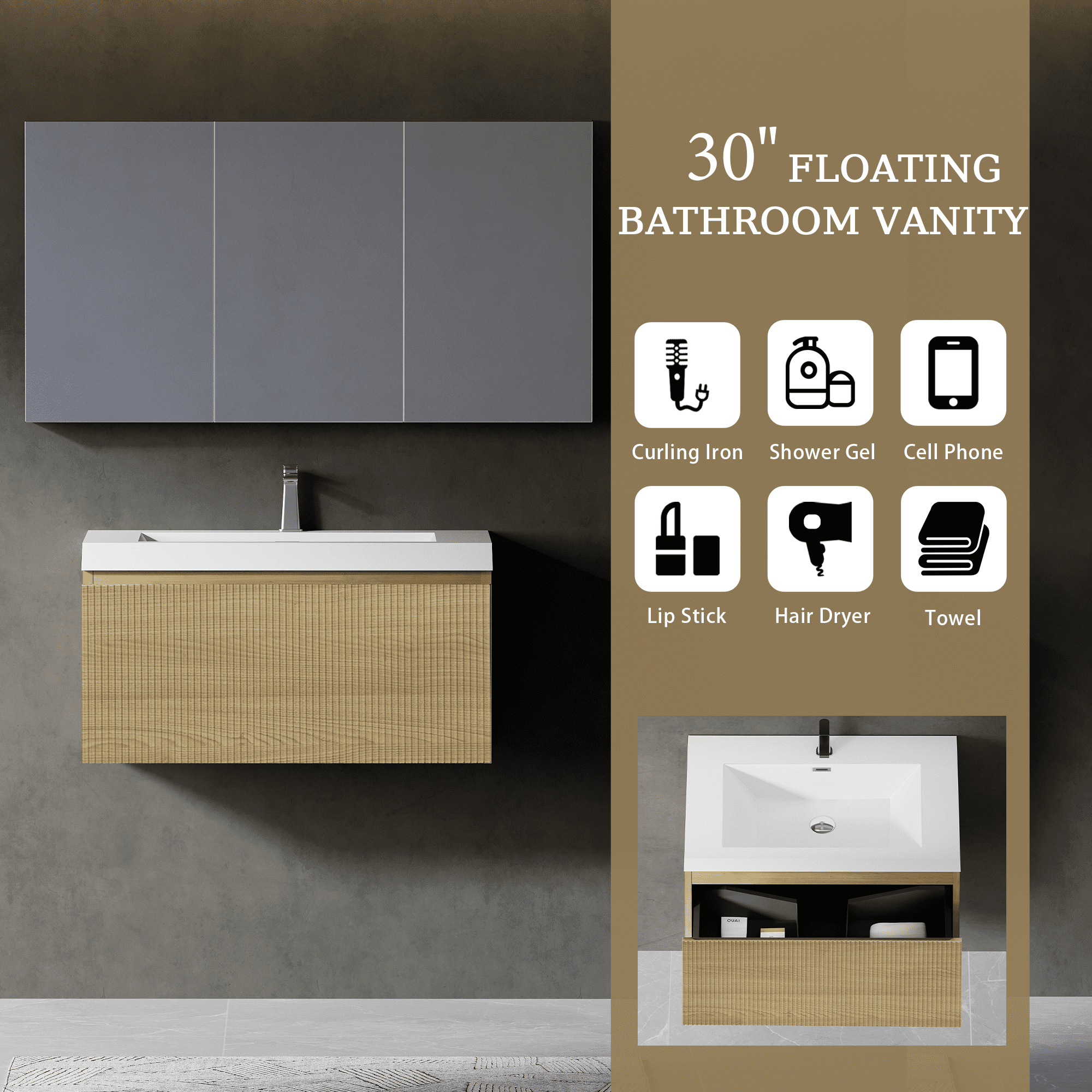 Yoneston 30" Floating Bathroom Vanity, Modern Wood Wall-Mounted Striped Bathroom Storage Cabinet with Soft Close Drawer and Glossy White Solid Surface Basin, Natural