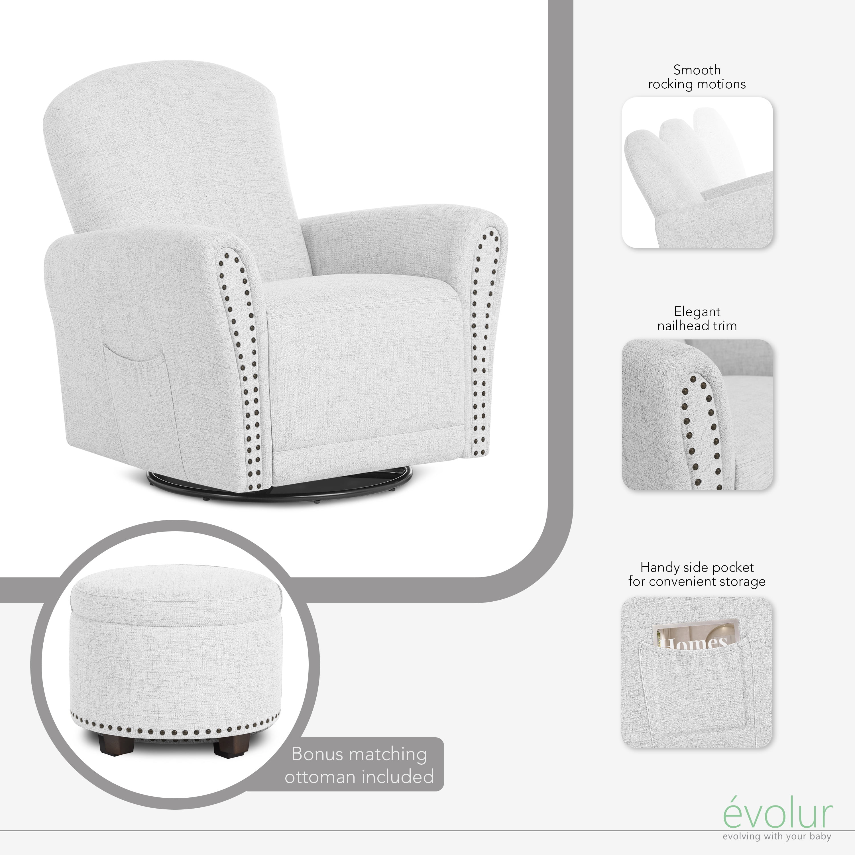 Evolur Vienna Swivel Glider with Ottoman and Nailhead Trim, Greenguard Gold Certified, Made from Sturdy and Sustainable FSC-Certified Wood, Fog Grey