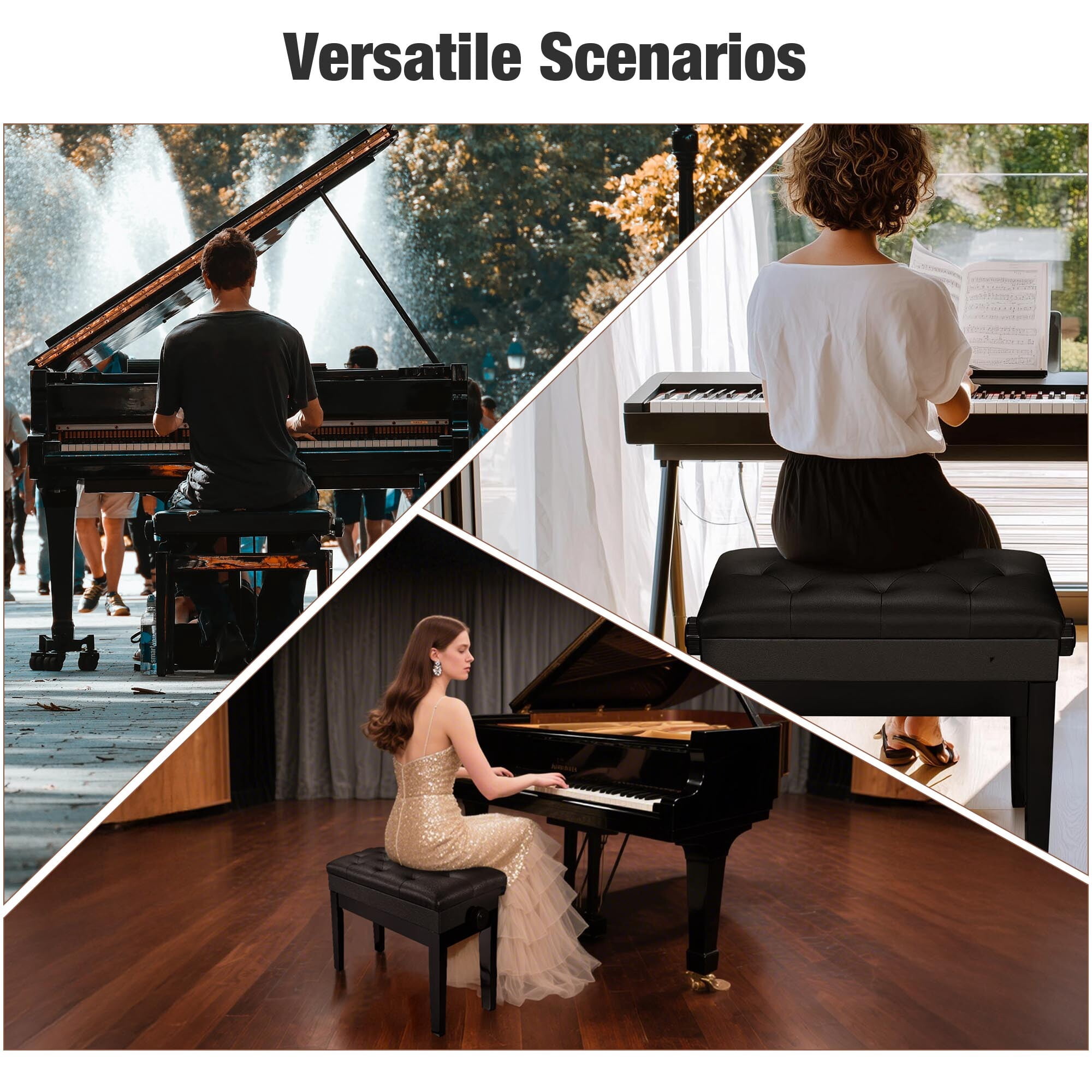 Yescom Black Adjustable Height Piano Bench PU Leather Padded Keyboard Storage Seat