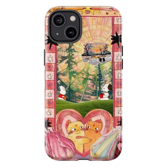 Whimsical Love Heart Phone Case, Cute Cats & Bunny Forest Aesthetic Protective Cover for iPhone 16 15 14 13 12 11 Pro Max Plus Mini