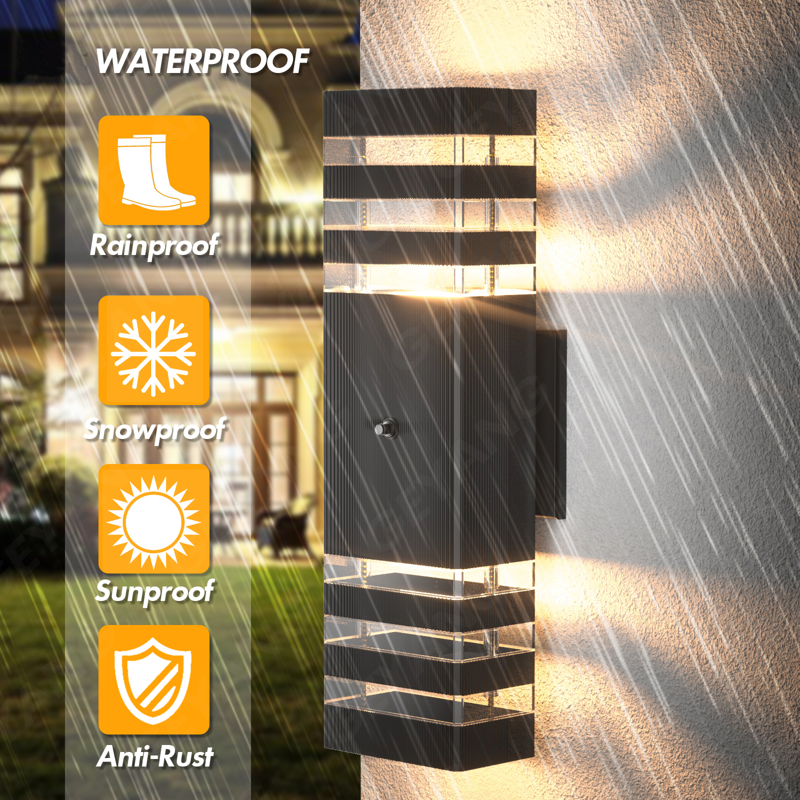 GEYANG dusk to dawn outdoor wall lamp, 3-story black outdoor light emitting above and below, waterproof modern wall lamp, suitable for home gardens, terraces, courtyards, and porches