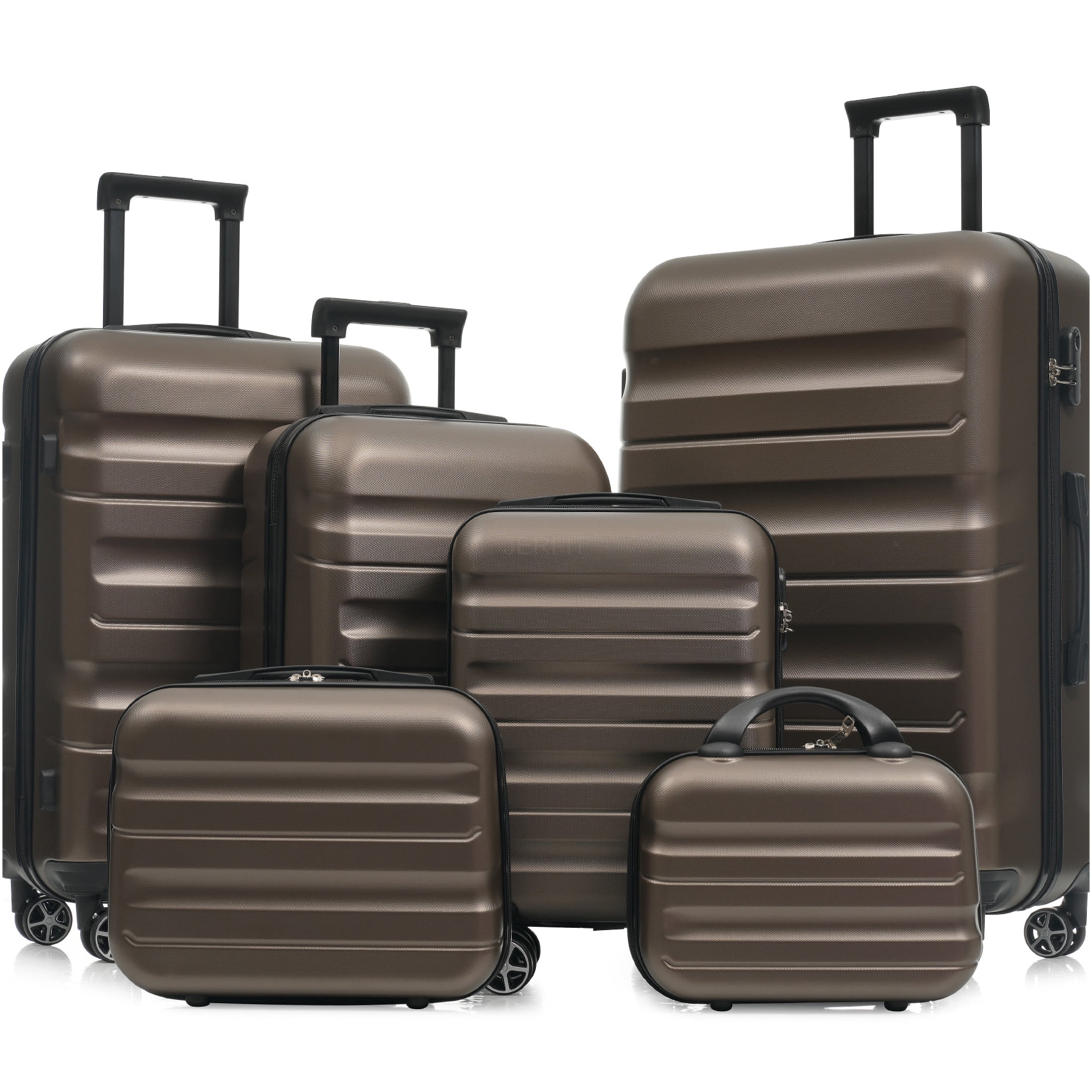 JERFIT 6-Piece Brown ABS Hardshell Luggage Set with Spinner Wheels, Lightweight Durable Suitcases for Travel, Carry On Included