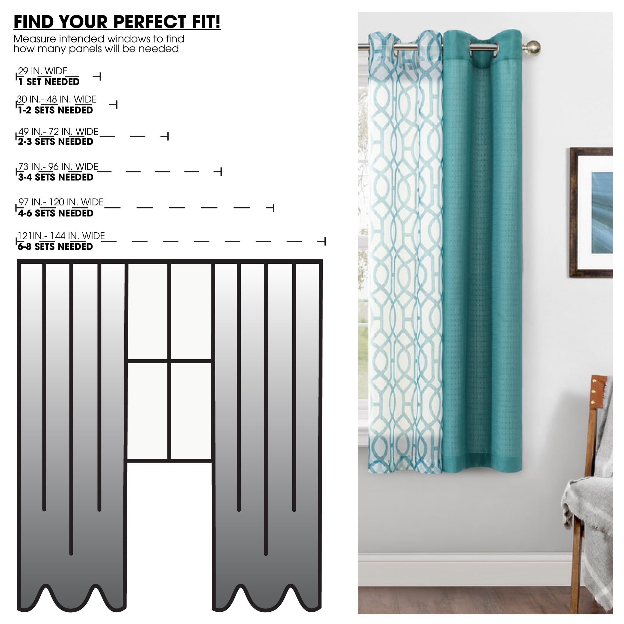 Mainstays Kingswood Solid and Printed Sheer Grommet Set, Pacifica Green, 27.5" W x 63" L, Ideal for Living Room or Bedroom