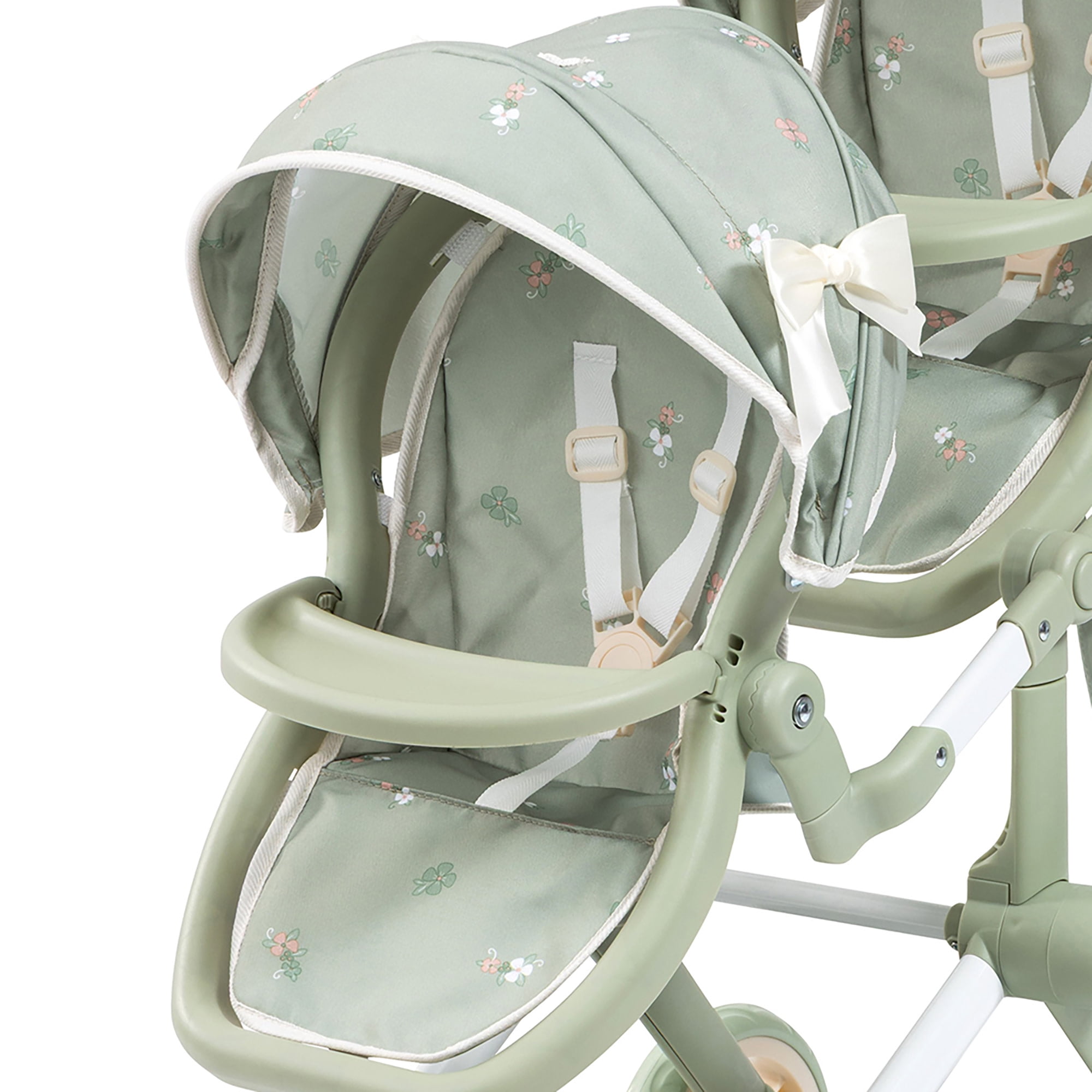 Bayer Design: Doll Pram Xeo Twin - Green & Flowers - Push Stroller, Adjustable Seats & Handle, Foldable, Handbag, Toy Seats 2 Dolls Up To 18", Kids 3+