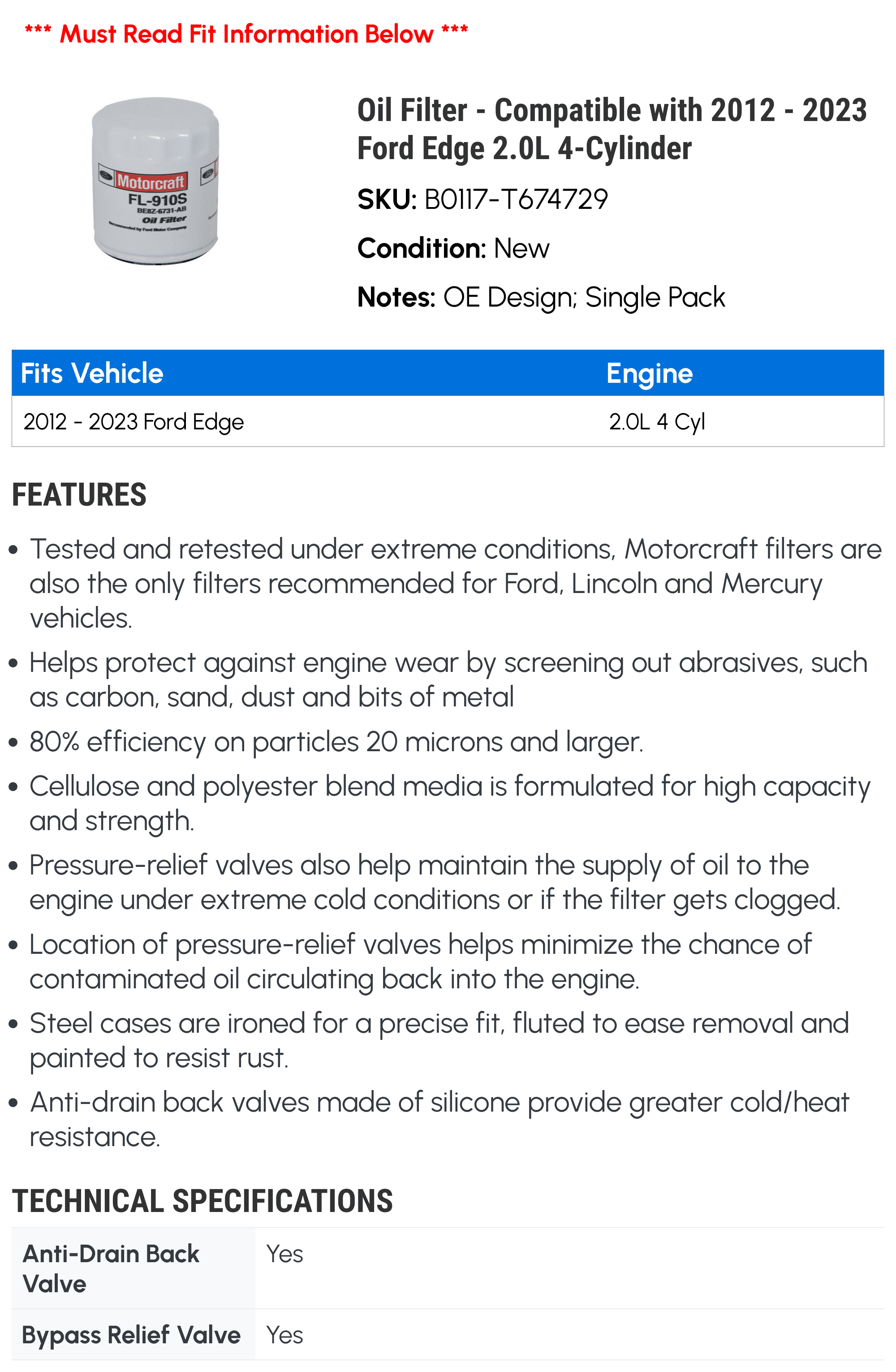 Oil Filter - Compatible with 2012 - 2023 Ford Edge 2.0L 4-Cylinder 2013 2014 2015 2016 2017 2018 2019 2020 2021 2022