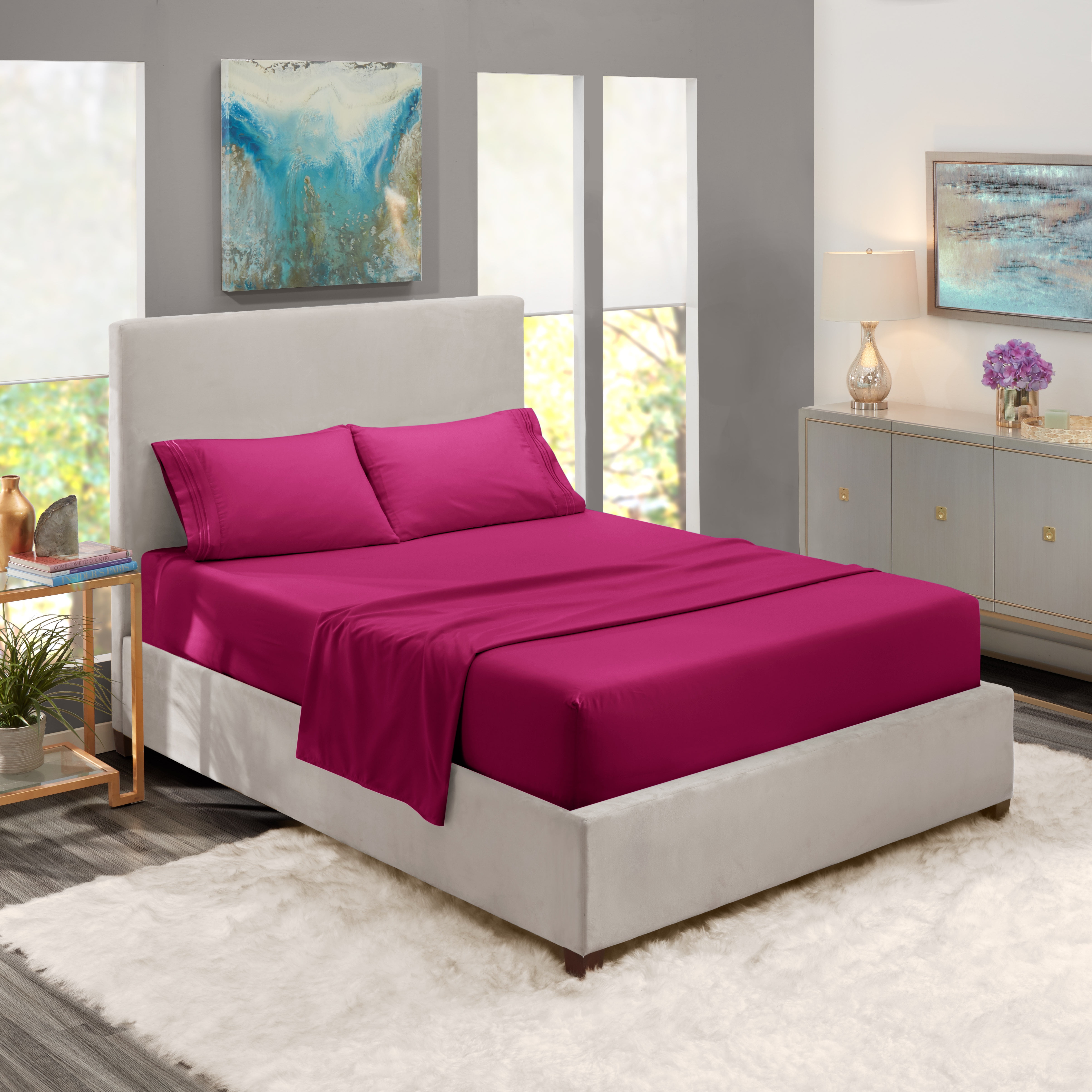 Full Size Bed Sheets Set Magenta, Luxury Bedding Sheets Set, 4-Piece Bed  Set, Deep Pockets Fitted Sheet, 100% Soft Microfiber, Hypoallergenic, Cool  & 
