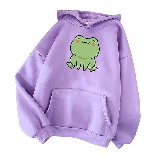 cllios Womens Cute Cartoon Frog Print Hoodies Long Sleeve Pullover Drawstring Hooded Sweatshirts