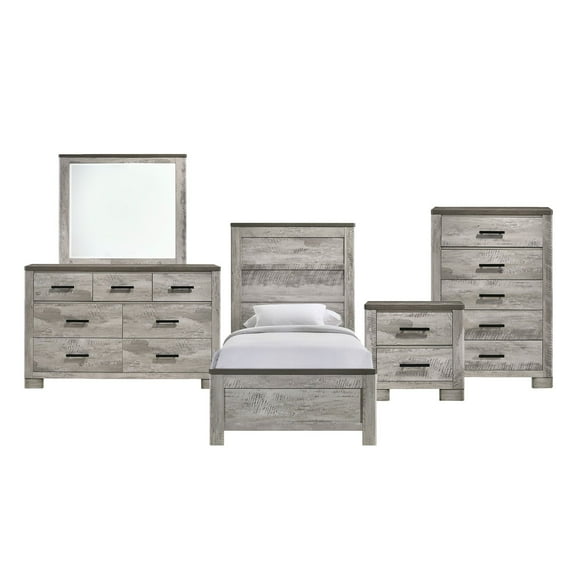Picket House Furnishings Adam 5-Piece Twin Panel Bedroom Set in Gray
