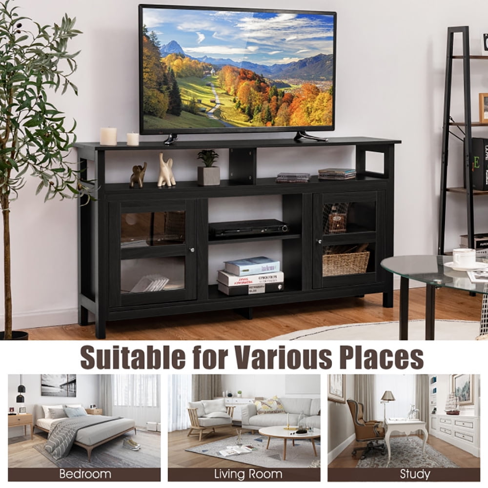 Finihen TV Stand, TV Cabinet, 58 Inch TV Stand Entertainment Console Center with 2 Cabinets, Media Entertainment Center with Storage, for Living Room, Bedroom, Black