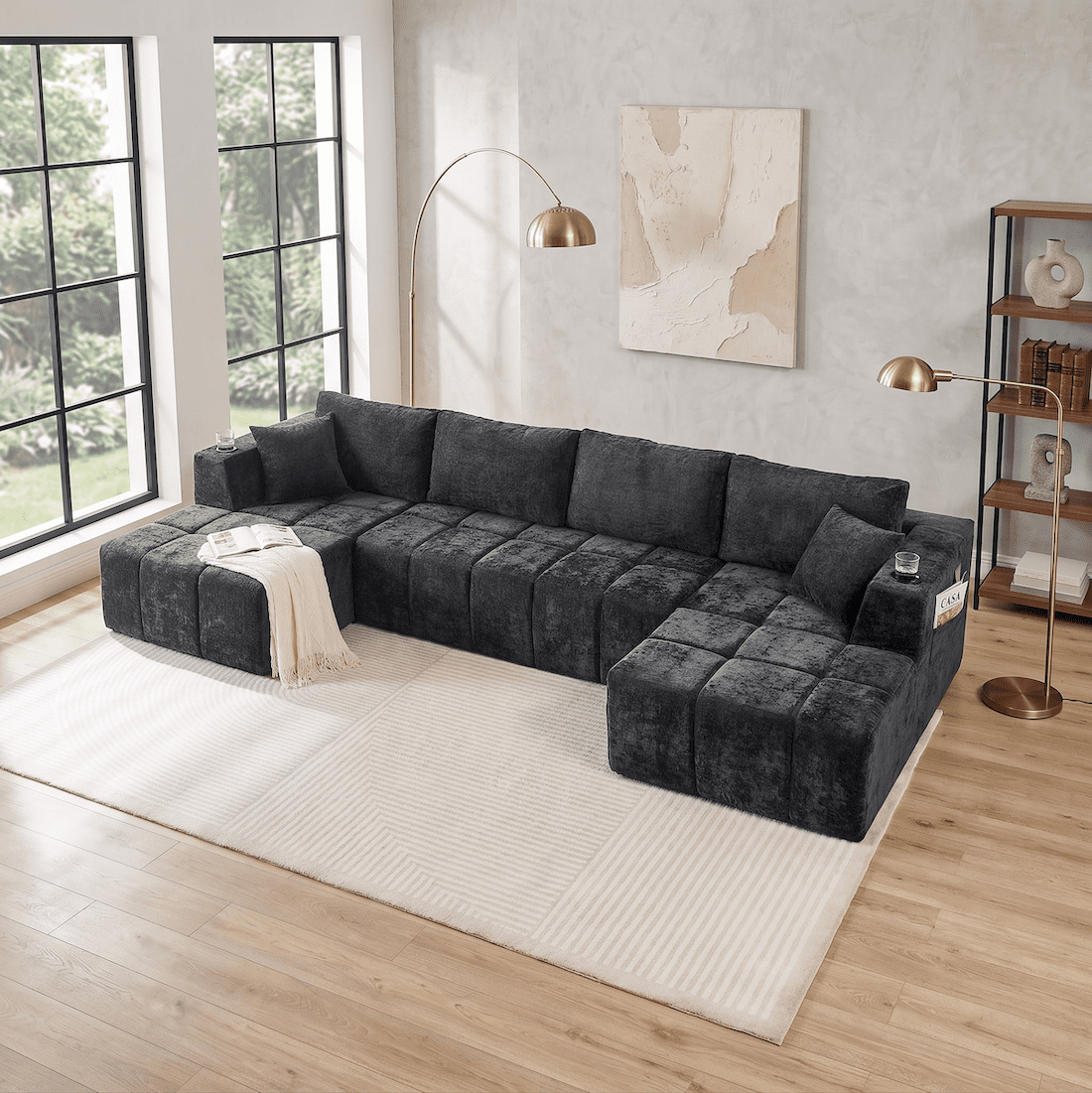 132" Modular Cloud Couch Sectional Sofa, U-Shaped Chenille Sectional with Double Chaise, Cup Holders & Side Pockets, Modern Oversized Sofa for Living Room, No Assembly, Black