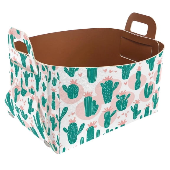 Cactus Pink Background Storage Basket Collapsible Storage Bin, PU Foldable Basket Convenient Box Storage Organizer with Handles for Shelves Office Bedroom Closet Nursery Toys Laundry