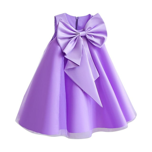 Yanlir Robe Décontractée pour Filles, Robe d'Été Sans Manches pour Enfants, Couleur Unie, avec Nœud devant, Élégante et Confortable, pour Concours, 4-9 Ans (Violet, 4 Ans)