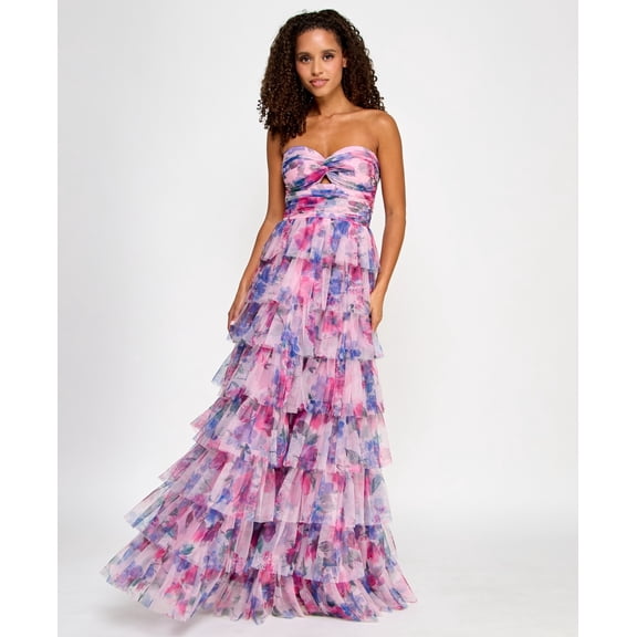 BCX PURPLE MULTI Juniors' Floral Print Ruffled Strapless Gown, US 13