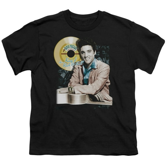 Trevco ELV152-YT-2 Elvis Presley & Gold Record Youth 18-1 Short Sleeve T-Shirt, Black - Medium