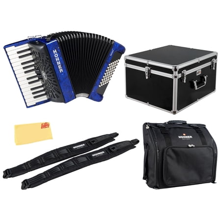 Hohner Bravo II 48 Chromatic Piano Key Accordion - Blue Bundle with Hard Case, Gig Bag, Adjustable Straps, and Austin Bazaar Polishing cloth