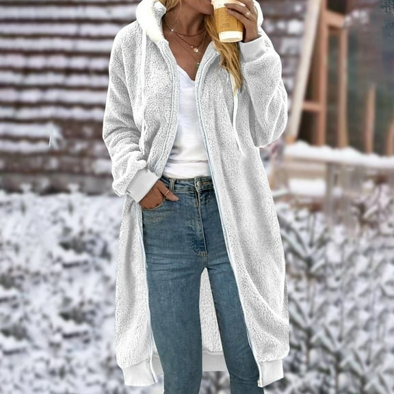 Long Sherpa Fleece Jackets for Women with Hood Casual Warm Sleeveless Full Zip Up Hoodie Winter Coat Plus Size (X-Large, White)