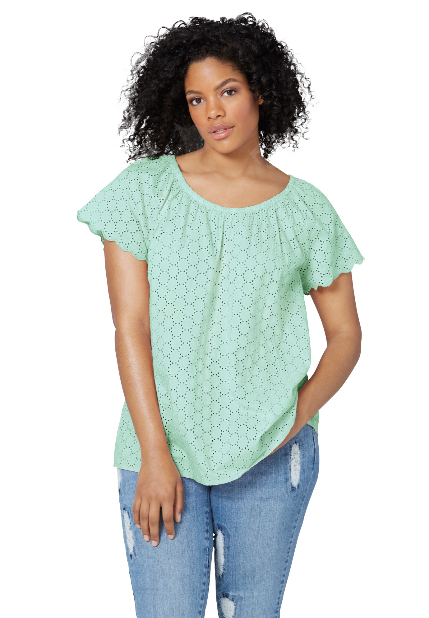 Ellos Ellos Women's Plus Size Ballet Neck Eyelet Blouse Shirt