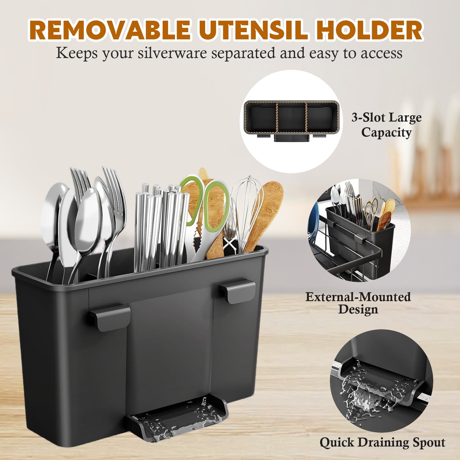 Godance Dish Drying Rack for Kitchen Counter, Stainless Steel Sink Organization and Storage with Cutlery Holder, Anti-Rust Drainage System, Apartment Essentials (Black, 14.9"L x 11"W)