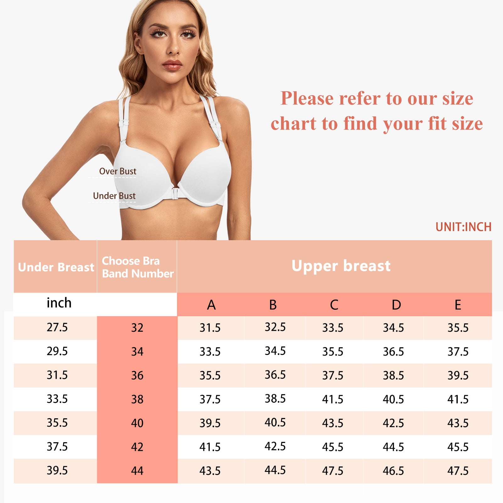 YANDW Front Closure Push-up Bra Strappy Thick Padded Cross Back Add 2 Cup Plunge Underwire Bras 38C, White