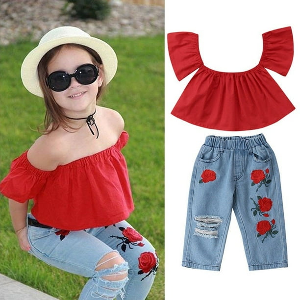 Gupgi Toddler Girls Crop Tops + Denim Skirt Kids Summer Outfits