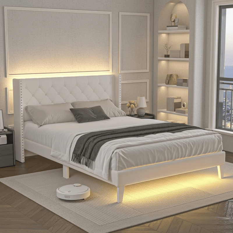 Queen Bed Frame with LED Lights, Upholstered Velvet Platform Bed Frames with Button Tufted Wingback Headboard & Footboard - Wooden Slats Support, No Box Spring Needed, Beige