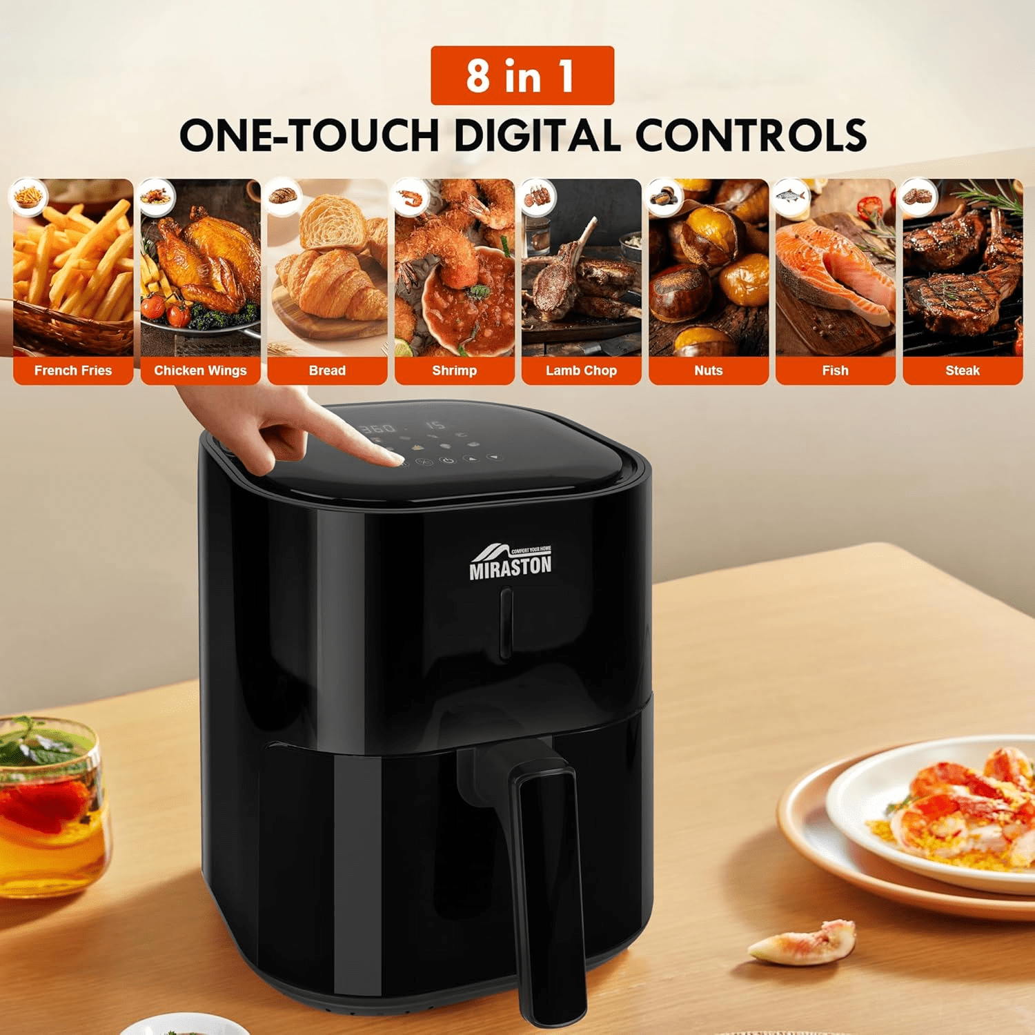 Miraston 4.5QT Compact Digital Air Fryer, 8-in-1 (Air Fry, Roast, Broil, Bake, Reheat, Keep Warm, Pizza, Dehydrate), Touchscreen Display, Nonstick