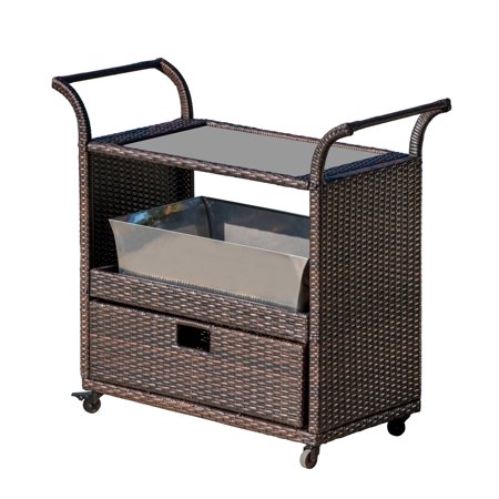 Keaton Outdoor Multibrown Wicker and Iron Bar Cart