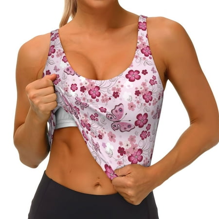 Qokaie Flower Butterfly Pattern Womens Scoop Neck Sports Bra Breathable Workout Vest Padded U Back Medium Impact Fitness Gym Yoga Bra Workout Crop Top