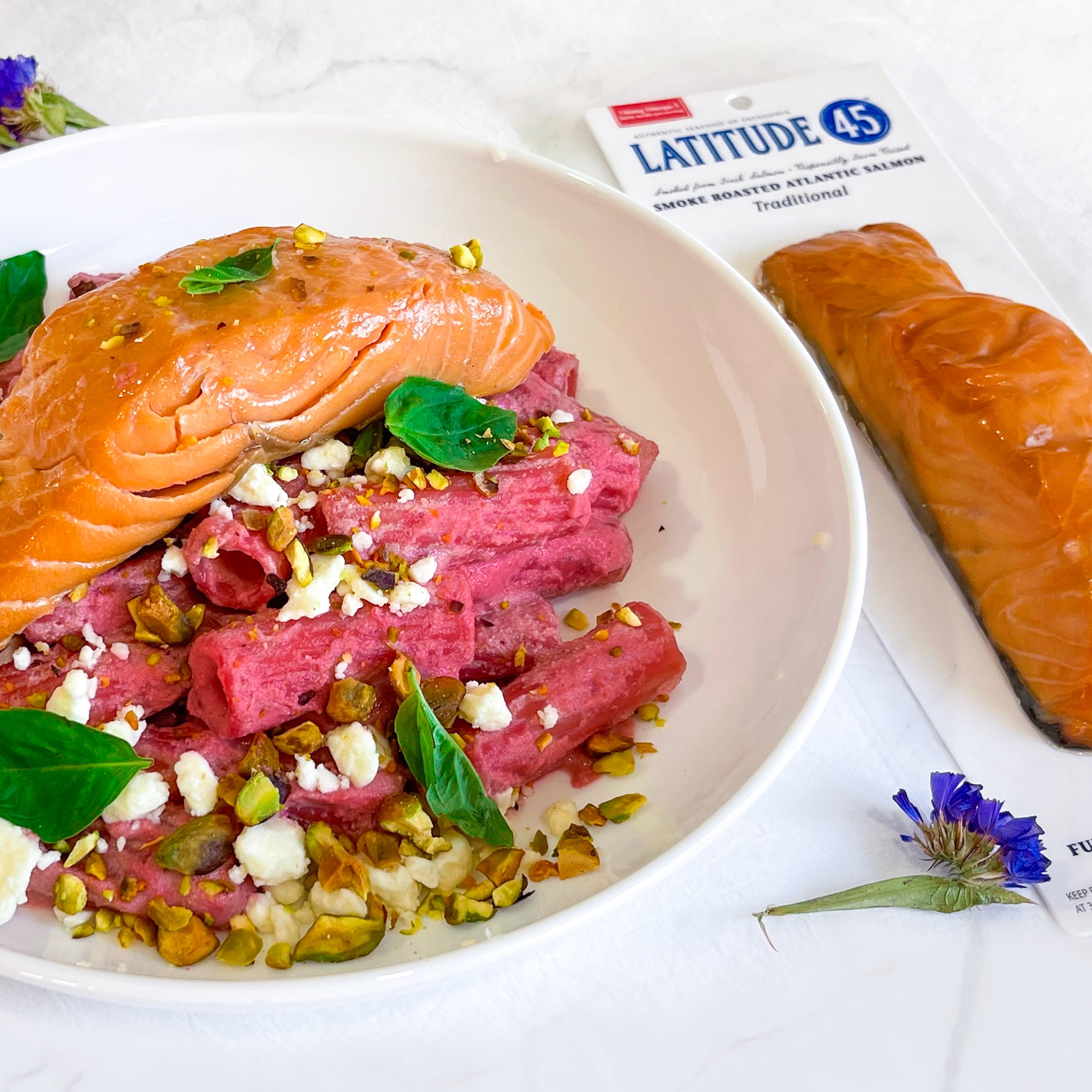 Latitude 45 Roasted Smoked Atlantic Salmon, 4oz package, 2 servings per container, serving size 2oz, 12g protein per serving.