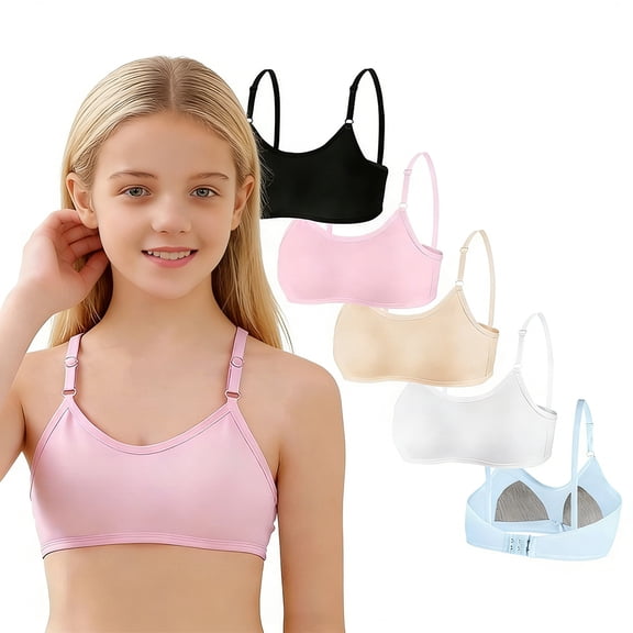 Cotton Training Bra 5 Pack for Big Girls Wireless Lightly Padded Teen Bras Adjustable Straps Smooth Comfort Breathable Stretchy Soft Gift for Teens 10-14 Years