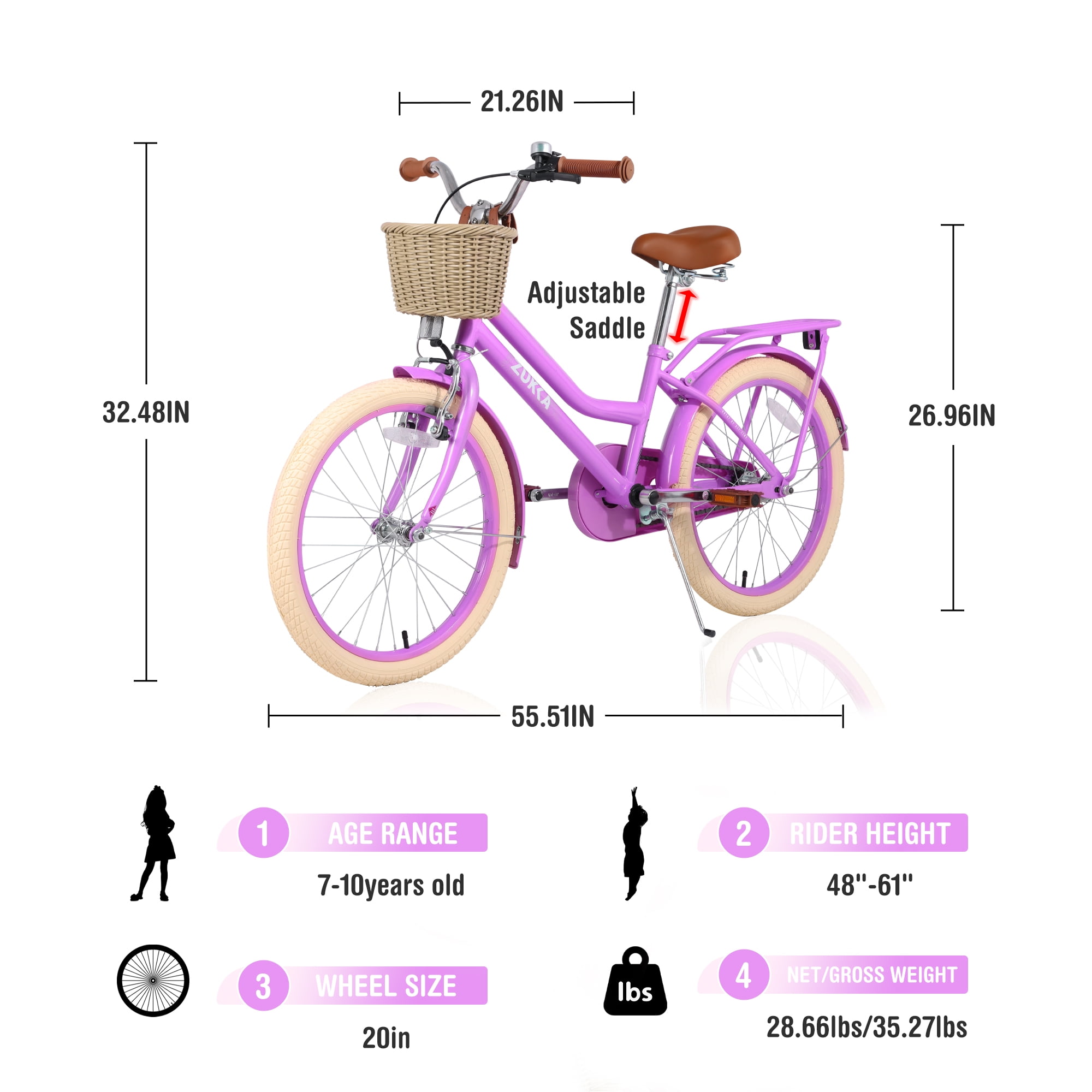 55.51'' Retro Cruiser Bike,20 inch Wheel Classic Bicycle with Wicker Basket & Bell,High Tensile Steel Frame,85% Pre-Assembled,Retro Bike for Outdoor Riding,Purple