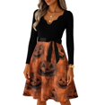thumbnail image 5 of Halloween Dresses for Women Bat Hepburn V-Neck Spooky Tea Length Dress Spider 1950s Long Sleeve Vintage Dresses with Belt 2XL, 5 of 7