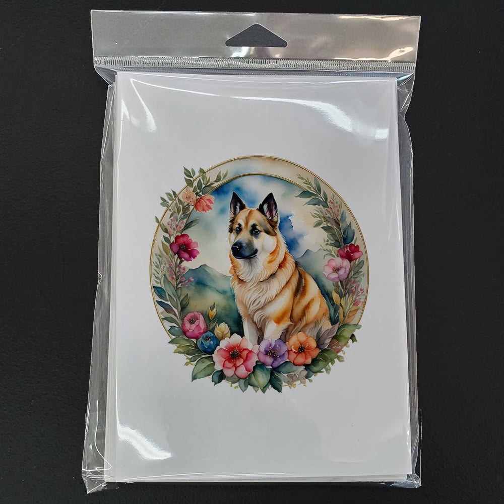 Norwegian Buhund and Flowers Greeting Cards and Envelopes Pack of 8 7 in x 5 in