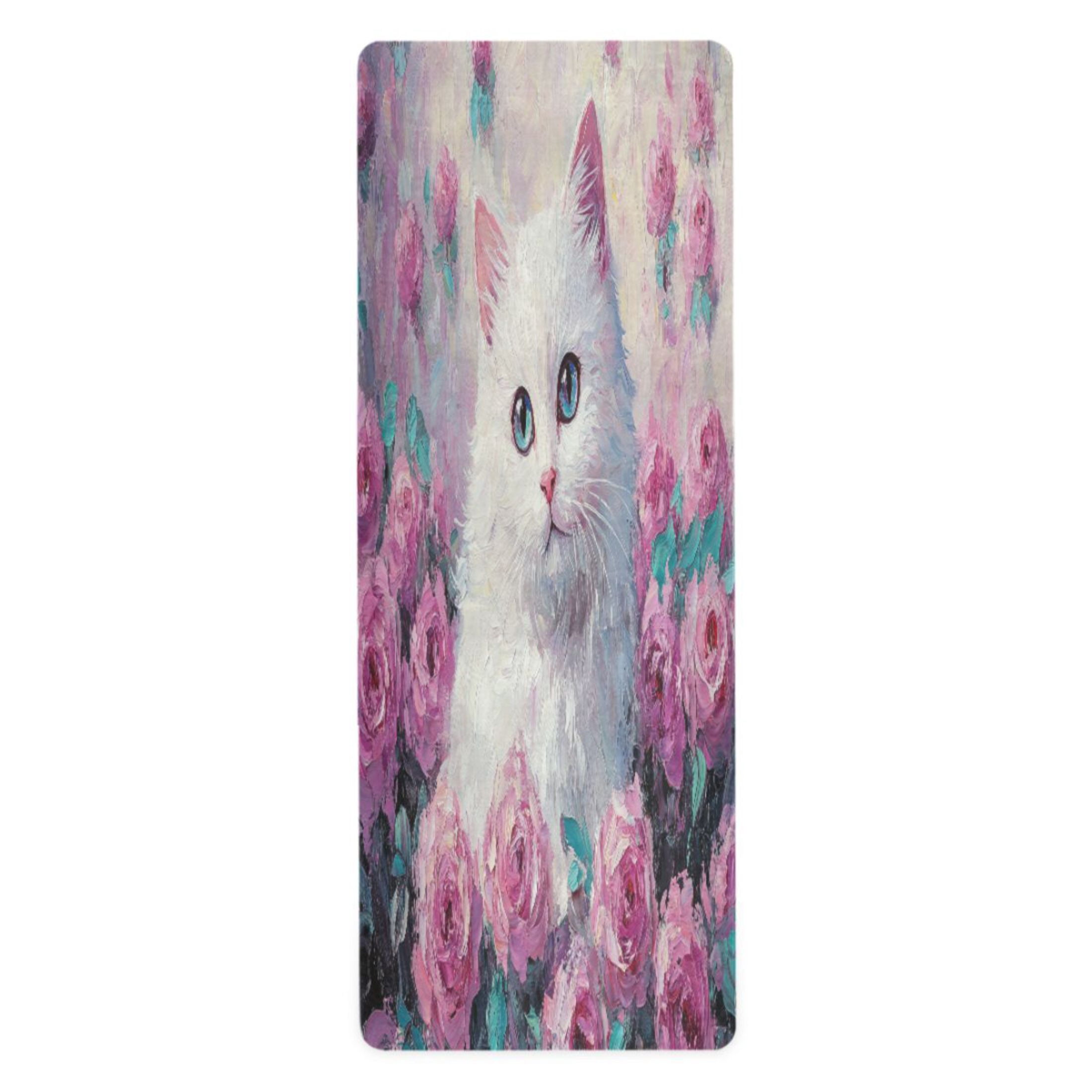 BZSMCE Yoga Mat Women Cat Among Colorful Roses Painting Fitness Mat