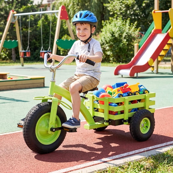 Kids Tricycle with 15 Inch Inflatable Rubber Tires, Triangle Carbon Steel Frame, Adjustable Handlebar and Seat, Green